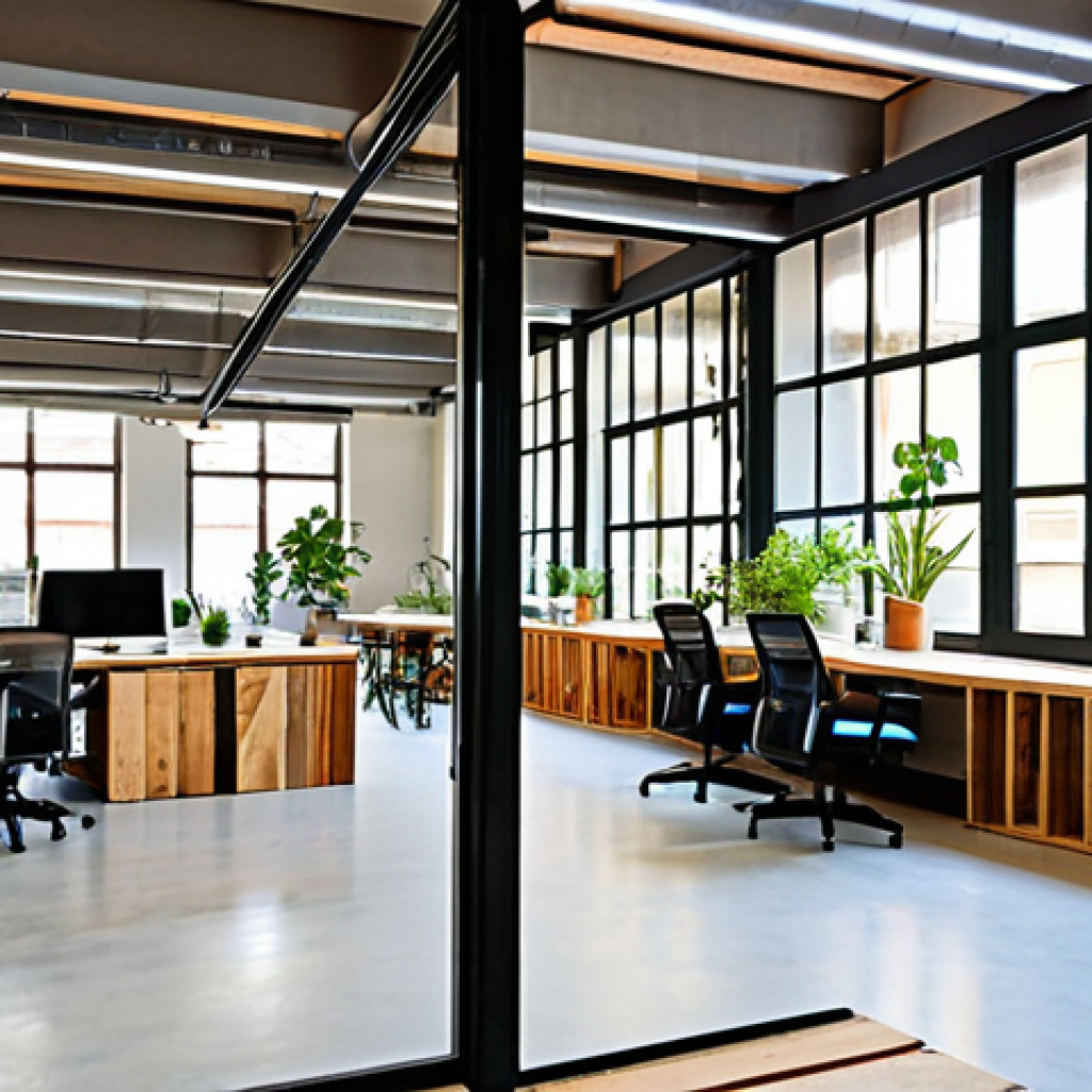 Modern Sustainable Coworking Interior**

"A bright and airy modern coworking space in Barcelona, Spain. Large windows showcase natural light.  Visible are: people working at desks made of reclaimed wood, indoor plants, recycling bins clearly labeled in Spanish.  Emphasis on clean design, natural materials, and energy-efficient LED lighting. Fully clothed individuals are engaged in professional activities.  Safe for work, appropriate content, fully clothed, professional, perfect anatomy, natural proportions, high quality, vibrant colors."

**
