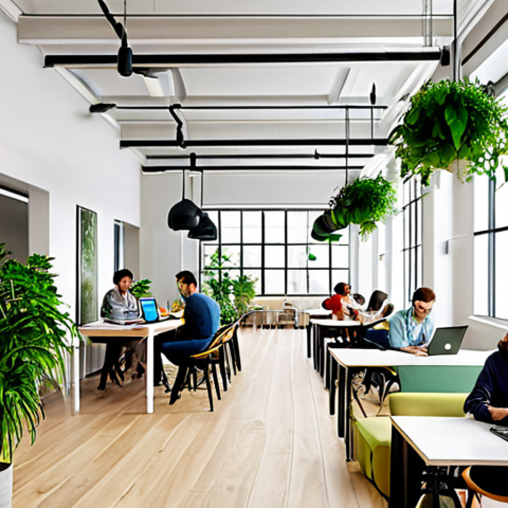 Collaborative Coworking Space**
"A bright and airy modern coworking space filled with people in modest attire collaborating on laptops and discussing ideas. Soft natural light, plants throughout the space, modular furniture. Safe for work, fully clothed, appropriate content, professional environment, perfect anatomy, natural proportions, high-quality render."
**