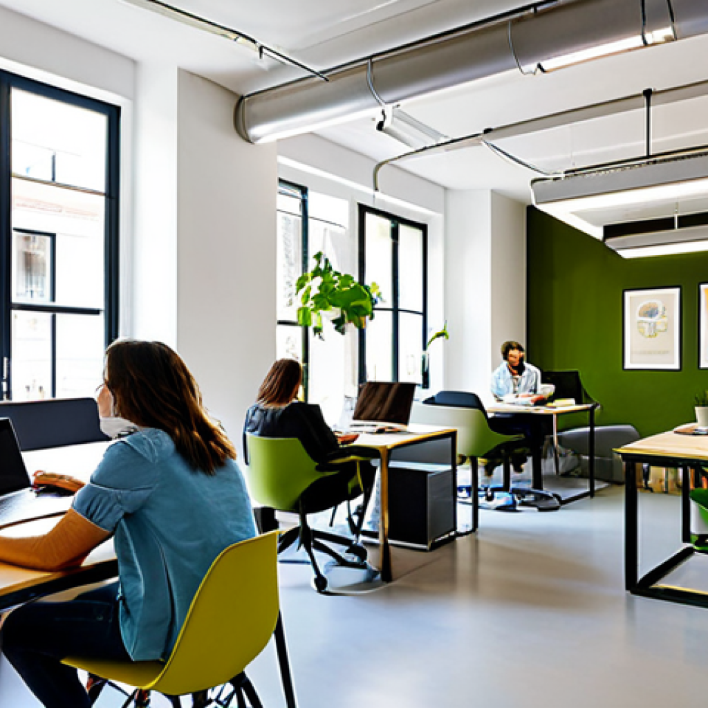 코워킹 커뮤니티의 비즈니스 모델 - Busy Coworking Space**
"A vibrant and modern coworking space in Madrid, filled with diverse profess...