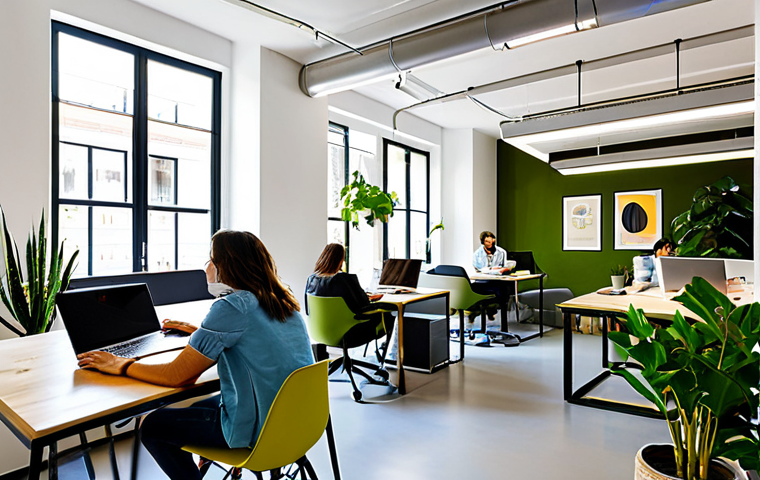 코워킹 커뮤니티의 비즈니스 모델 - Busy Coworking Space**
"A vibrant and modern coworking space in Madrid, filled with diverse profess...