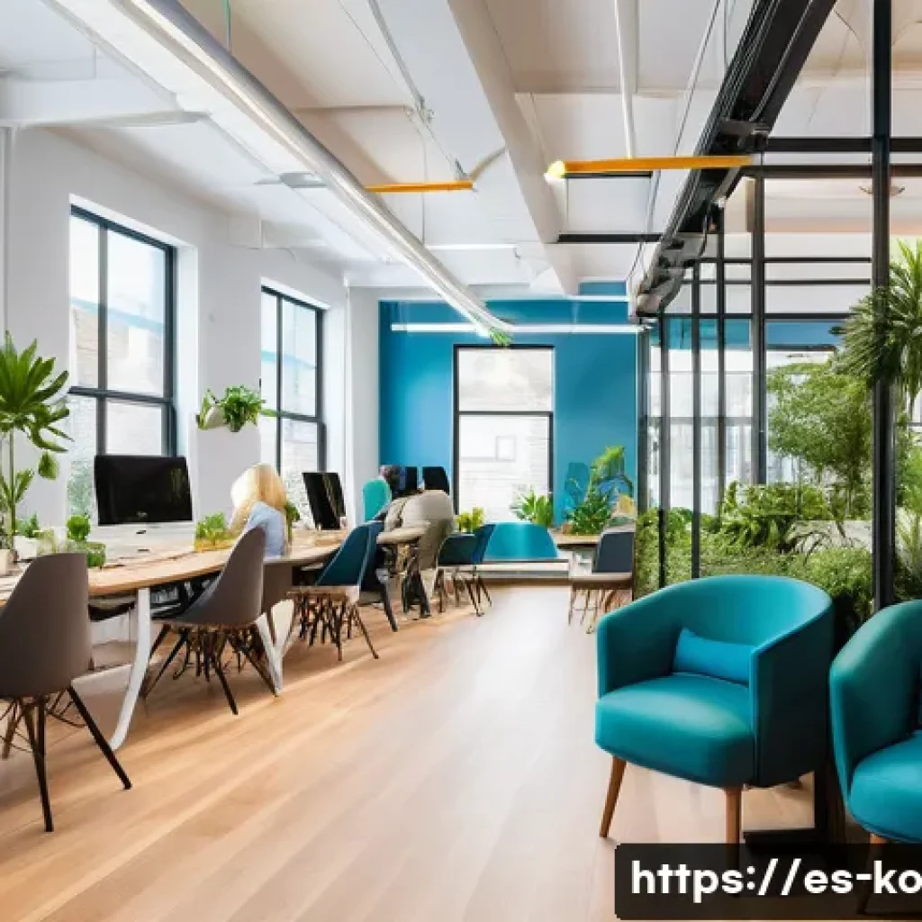 코워킹 스페이스에서의 창의성 증진 방법 - A modern coworking space bathed in abundant natural light streaming through large windows, walls pai...