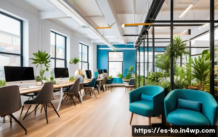 코워킹 스페이스에서의 창의성 증진 방법 - A modern coworking space bathed in abundant natural light streaming through large windows, walls pai...