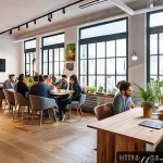 Home 22 코워킹 커뮤니티의 지역 경제 기여 - A vibrant coworking space located in a lively Spanish urban neighborhood, filled with diverse profes...