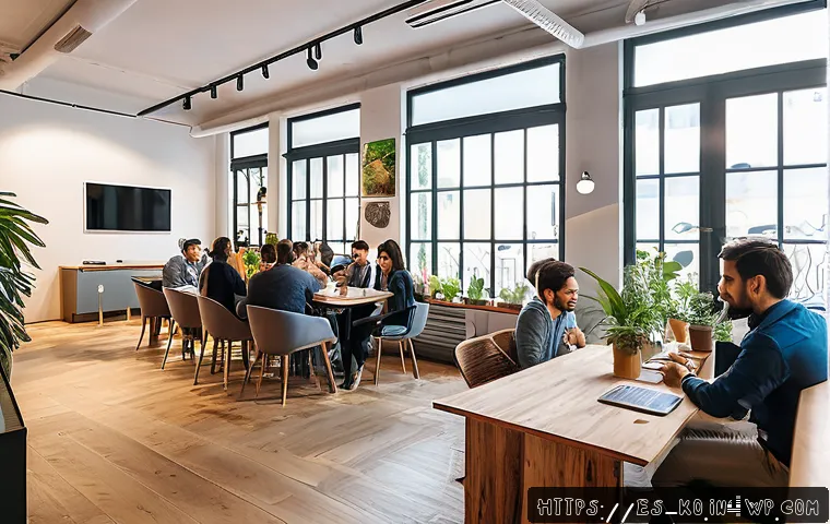 코워킹 커뮤니티의 지역 경제 기여 - A vibrant coworking space located in a lively Spanish urban neighborhood, filled with diverse profes...