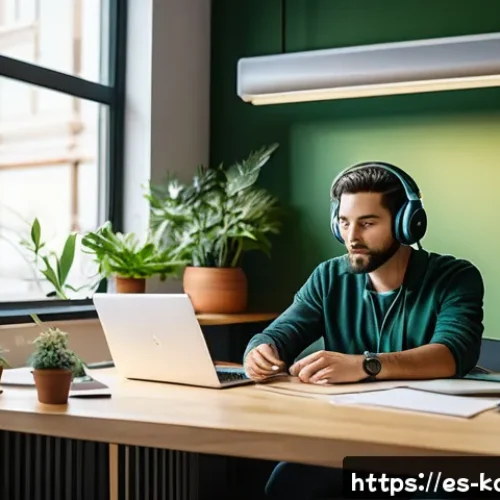 Home 33 코워킹 스페이스에서의 효율적인 시간 관리 - A modern coworking space interior with a focused professional wearing noise-canceling headphones, si...