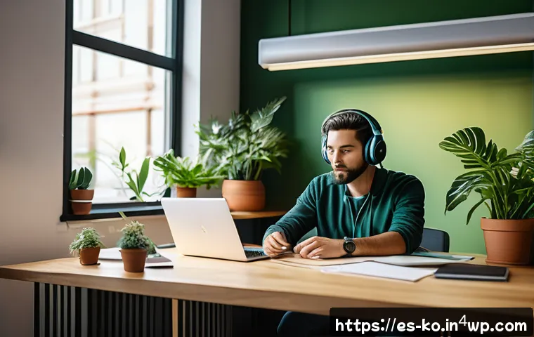 코워킹 스페이스에서의 효율적인 시간 관리 - A modern coworking space interior with a focused professional wearing noise-canceling headphones, si...