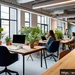 Home 20 코워킹 커뮤니티에서의 직업 훈련 프로그램 - A vibrant coworking space filled with diverse professionals collaborating enthusiastically around mo...