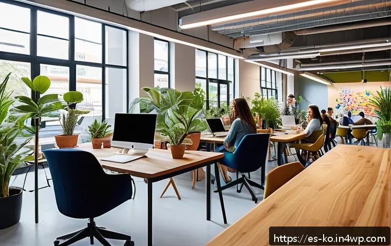 코워킹 커뮤니티에서의 직업 훈련 프로그램 - A vibrant coworking space filled with diverse professionals collaborating enthusiastically around mo...
