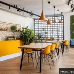 Home 19 코워킹 스페이스의 경영 전략 분석 - A vibrant coworking space in a modern urban setting in Spain, showcasing a diverse group of professi...