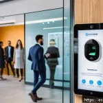 Home 18 코워킹 스페이스의 안전 관리 방안 - A modern coworking space entrance featuring a sleek biometric fingerprint scanner and RFID card read...
