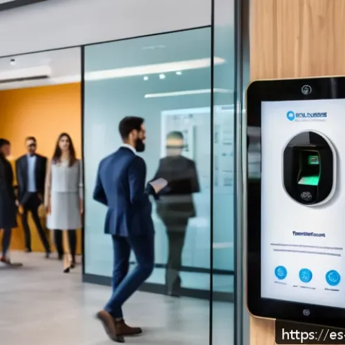 Home 30 코워킹 스페이스의 안전 관리 방안 - A modern coworking space entrance featuring a sleek biometric fingerprint scanner and RFID card read...
