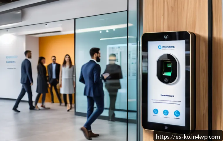 코워킹 스페이스의 안전 관리 방안 - A modern coworking space entrance featuring a sleek biometric fingerprint scanner and RFID card read...