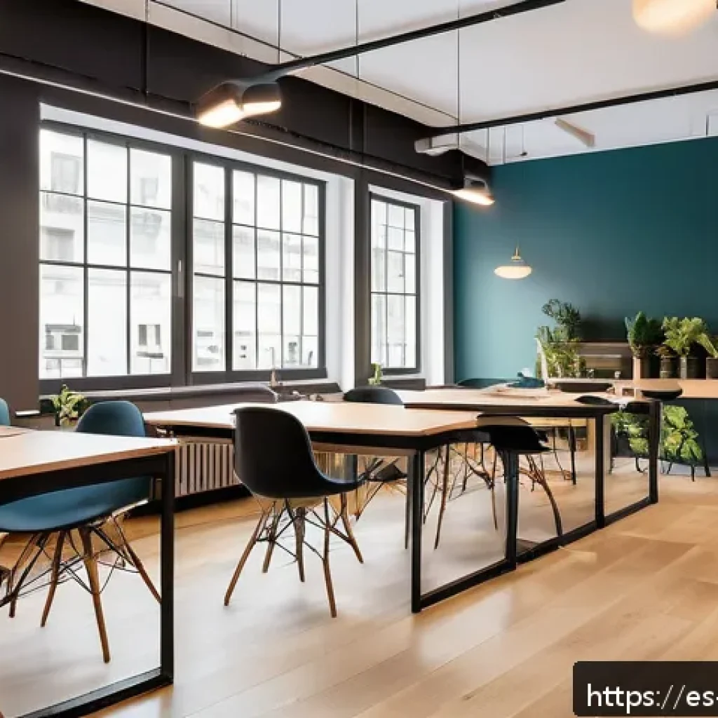 코워킹 스페이스의 비용 절감 방안 - A modern coworking space with a smart modular furniture layout, featuring foldable desks and shared ...