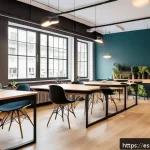 Home 23 코워킹 스페이스의 비용 절감 방안 - A modern coworking space with a smart modular furniture layout, featuring foldable desks and shared ...