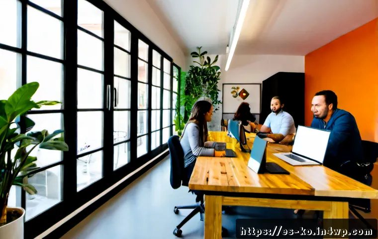 Home 17 코워킹 스페이스에서의 우수 사례 분석 - Photorealistic wide-angle interior of a successful coworking space in Madrid, Spain, diverse Spanish...