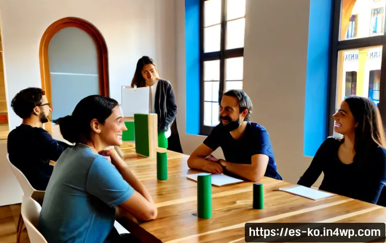 코워킹 커뮤니티 내 혁신 사례 - Photorealistic innovation workshop inside a bright coworking space in Barcelona, diverse Spanish-spe...