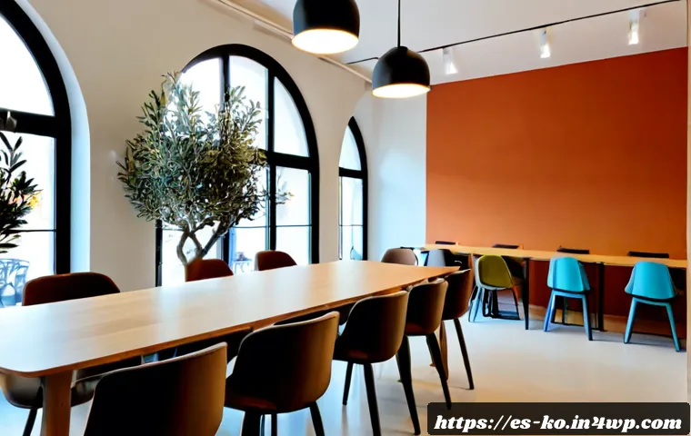 코워킹 스페이스의 디자인 요소 - Photorealistic wide-angle interior of a contemporary coworking space in Barcelona, Spain, featuring ...