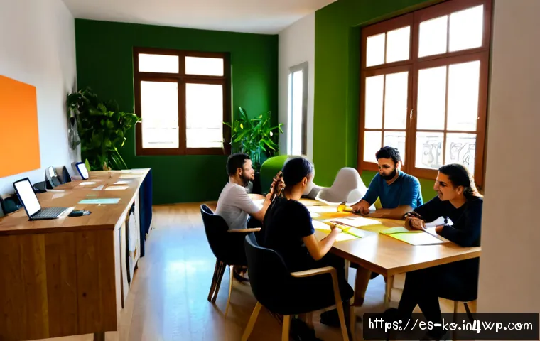 코워킹 커뮤니티의 다양한 활동 기획 - Photorealistic wide-angle scene of a diverse Spanish-speaking coworking community planning activitie...